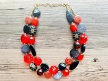 Load image into Gallery viewer, Lipstick &amp; Leather beaded Statement Chunky Necklace, 2 strand black red necklace, big bead rose gray silver jewelry, deep red bib