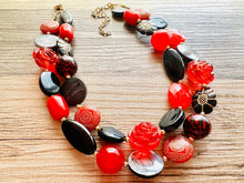 Load image into Gallery viewer, Lipstick &amp; Leather beaded Statement Chunky Necklace, 2 strand black red necklace, big bead rose gray silver jewelry, deep red bib