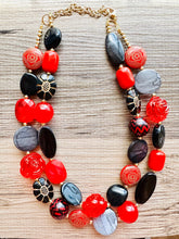 Load image into Gallery viewer, Lipstick &amp; Leather beaded Statement Chunky Necklace, 2 strand black red necklace, big bead rose gray silver jewelry, deep red bib