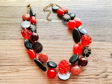 Load image into Gallery viewer, Lipstick &amp; Leather beaded Statement Chunky Necklace, 2 strand black red necklace, big bead rose gray silver jewelry, deep red bib