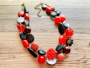 Lipstick & Leather beaded Statement Chunky Necklace, 2 strand black red necklace, big bead rose gray silver jewelry, deep red bib