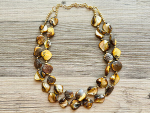 Chunky 2 Strand Strand Shell Statement Necklace, creamy yellow brown beaded jewelry, shell necklace jewelry, gold geometric diamond necklace
