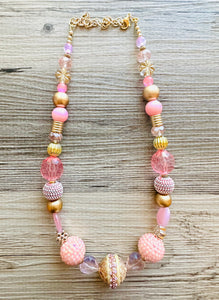 Metallic Sparkle Pink White gold beaded statement necklace, single strand necklace, Valentine's Day jewelry, big bead jewelry decor