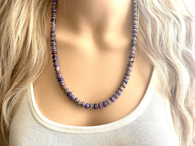 Purple Jasper Statement Necklace, Single Strand Jewelry, purple silver necklace thin gemstone cobblestone donut