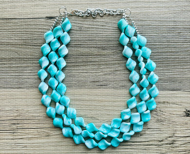 Turquoise Blue 3 Strand Statement Necklace, Chunky Gren Blue Twist Beaded Bib Jewelry earrings, blue jewelry set, turquoise jewelry