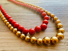 Load image into Gallery viewer, Red &amp; gold Pearl Chunky 2 Strand Statement Necklace, fall necklace, red jewelry, dark red necklace, red gold ball beaded, red statement