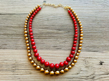 Load image into Gallery viewer, Red &amp; gold Pearl Chunky 2 Strand Statement Necklace, fall necklace, red jewelry, dark red necklace, red gold ball beaded, red statement