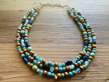 Load image into Gallery viewer, Ocean Fish 3 Strand Royal Blue Necklace, multi strand bright blue jewelry, big beaded chunky necklace, gold dark statement navy turquoise
