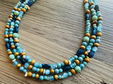 Load image into Gallery viewer, Ocean Fish 3 Strand Royal Blue Necklace, multi strand bright blue jewelry, big beaded chunky necklace, gold dark statement navy turquoise