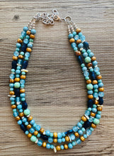 Load image into Gallery viewer, Ocean Fish 3 Strand Royal Blue Necklace, multi strand bright blue jewelry, big beaded chunky necklace, gold dark statement navy turquoise