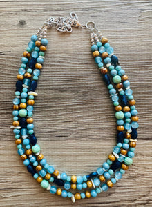 Ocean Fish 3 Strand Royal Blue Necklace, multi strand bright blue jewelry, big beaded chunky necklace, gold dark statement navy turquoise