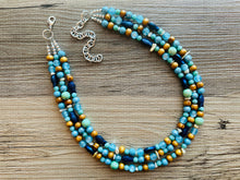 Load image into Gallery viewer, Ocean Fish 3 Strand Royal Blue Necklace, multi strand bright blue jewelry, big beaded chunky necklace, gold dark statement navy turquoise