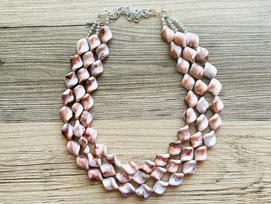 Hot Fudge 3 Strand Statement Necklace, Chunky Brown Twist Beaded Bib Jewelry earrings, brown jewelry set, white resin jewelry neutral