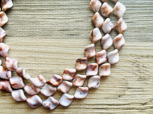 Hot Fudge 3 Strand Statement Necklace, Chunky Brown Twist Beaded Bib Jewelry earrings, brown jewelry set, white resin jewelry neutral