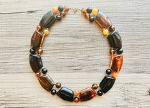 Load image into Gallery viewer, Vintage Tortoise Shell Statement Necklace, gold chunky necklace, statement jewelry, beaded necklace, brown black red collar bib