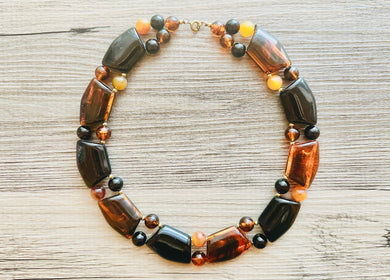 Vintage Tortoise Shell Statement Necklace, gold chunky necklace, statement jewelry, beaded necklace, brown black red collar bib