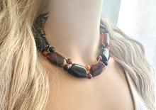 Load image into Gallery viewer, Vintage Tortoise Shell Statement Necklace, gold chunky necklace, statement jewelry, beaded necklace, brown black red collar bib