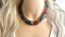 Load image into Gallery viewer, Vintage Tortoise Shell Statement Necklace, gold chunky necklace, statement jewelry, beaded necklace, brown black red collar bib