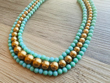 Load image into Gallery viewer, Turquoise &amp; gold Pearl Chunky 3 Strand Statement Necklace, fall necklace, blue green jewelry, gold Pearl ball beaded, turquoise aqua