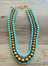 Load image into Gallery viewer, Turquoise &amp; gold Pearl Chunky 3 Strand Statement Necklace, fall necklace, blue green jewelry, gold Pearl ball beaded, turquoise aqua