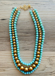 Turquoise & gold Pearl Chunky 3 Strand Statement Necklace, fall necklace, blue green jewelry, gold Pearl ball beaded, turquoise aqua