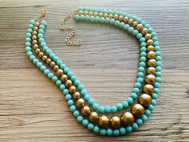 Turquoise & gold Pearl Chunky 3 Strand Statement Necklace, fall necklace, blue green jewelry, gold Pearl ball beaded, turquoise aqua