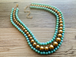 Turquoise & gold Pearl Chunky 3 Strand Statement Necklace, fall necklace, blue green jewelry, gold Pearl ball beaded, turquoise aqua