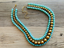 Load image into Gallery viewer, Turquoise &amp; gold Pearl Chunky 3 Strand Statement Necklace, fall necklace, blue green jewelry, gold Pearl ball beaded, turquoise aqua