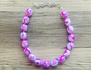 Hot Pink Chunky Statement Necklace, Big beaded jewelry, single strand Statement Necklace, chunky pink bib jewelry earrings white