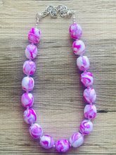 Load image into Gallery viewer, Hot Pink Chunky Statement Necklace, Big beaded jewelry, single strand Statement Necklace, chunky pink bib jewelry earrings white