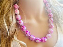 Load image into Gallery viewer, Hot Pink Chunky Statement Necklace, Big beaded jewelry, single strand Statement Necklace, chunky pink bib jewelry earrings white