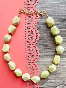 Lemon Lime Polished Agate GemStone Necklace green yellow, gold statement necklace jewelry, long beaded statement layering necklace