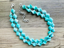 Load image into Gallery viewer, Turquoise Blue 2 Strand Statement Necklace, Chunky Gren Blue Twist Beaded Bib Jewelry earrings, blue jewelry set, turquoise jewelry