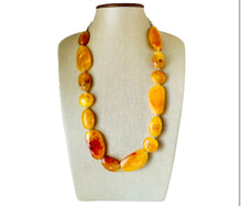 Load image into Gallery viewer, Long Marigold Statement Necklace, Chunky Beaded Necklace, yellow Jewelry, long necklace, bead Necklace, earrings red geometric jewelry