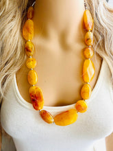 Load image into Gallery viewer, Long Marigold Statement Necklace, Chunky Beaded Necklace, yellow Jewelry, long necklace, bead Necklace, earrings red geometric jewelry