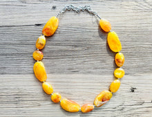 Load image into Gallery viewer, Long Marigold Statement Necklace, Chunky Beaded Necklace, yellow Jewelry, long necklace, bead Necklace, earrings red geometric jewelry