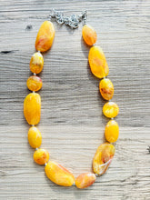 Load image into Gallery viewer, Long Marigold Statement Necklace, Chunky Beaded Necklace, yellow Jewelry, long necklace, bead Necklace, earrings red geometric jewelry