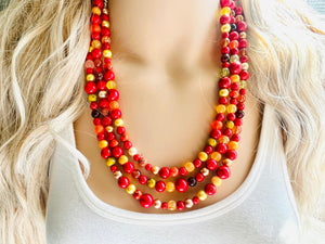Wildfire Heart 3 Strand statement necklace, big beaded necklace, chunky jewelry, gold necklace, maroon cream red orange yellow necklace