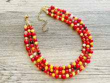 Load image into Gallery viewer, Wildfire Heart 3 Strand statement necklace, big beaded necklace, chunky jewelry, gold necklace, maroon cream red orange yellow necklace