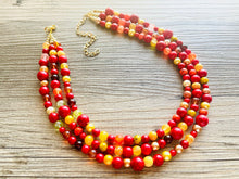 Load image into Gallery viewer, Wildfire Heart 3 Strand statement necklace, big beaded necklace, chunky jewelry, gold necklace, maroon cream red orange yellow necklace