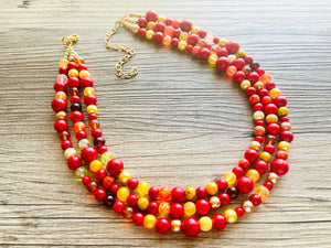 Wildfire Heart 3 Strand statement necklace, big beaded necklace, chunky jewelry, gold necklace, maroon cream red orange yellow necklace