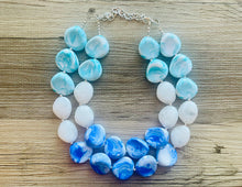 Load image into Gallery viewer, Color Block Double Statement Necklace, Chunky Jewelry Big Beaded Necklace, emerald green teal white Necklace, bead bubble earrings