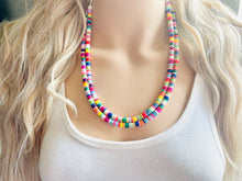 Load image into Gallery viewer, Rainbow Statement Necklace, candy chunky single strand jewelry, yellow red green sky blue necklace, 2 strand silver necklace colorful