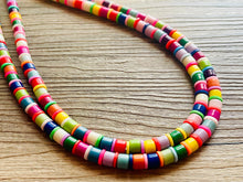 Load image into Gallery viewer, Rainbow Statement Necklace, candy chunky single strand jewelry, yellow red green sky blue necklace, 2 strand silver necklace colorful