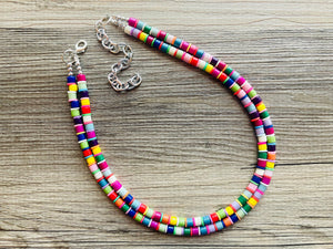 Rainbow Statement Necklace, candy chunky single strand jewelry, yellow red green sky blue necklace, 2 strand silver necklace colorful