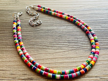 Load image into Gallery viewer, Rainbow Statement Necklace, candy chunky single strand jewelry, yellow red green sky blue necklace, 2 strand silver necklace colorful