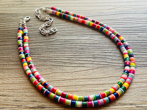 Rainbow Statement Necklace, candy chunky single strand jewelry, yellow red green sky blue necklace, 2 strand silver necklace colorful