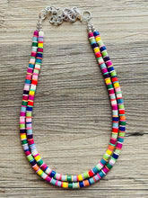 Load image into Gallery viewer, Rainbow Statement Necklace, candy chunky single strand jewelry, yellow red green sky blue necklace, 2 strand silver necklace colorful