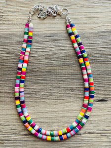 Rainbow Statement Necklace, candy chunky single strand jewelry, yellow red green sky blue necklace, 2 strand silver necklace colorful