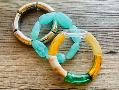 Mint Cabana Statement bracelet, chunky bold bamboo bracelet, gold colorful beaded jewelry, chunky geometric green champagne tan white